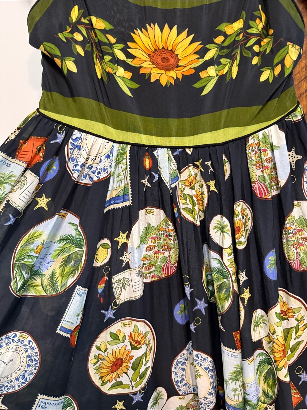 FARM Rio Black Maxi Dress with Green Border and Sunflower Motif - Picture 4 of 5
